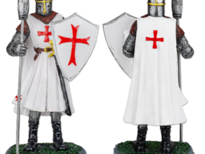 FIGURA RESINA CABALLERO TEMPLARIO BLANCO LANZA-ESCUDO 8 cm.  COD : 39498