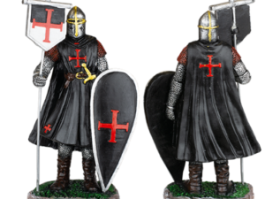 FIGURA RESINA CABALLERO TEMPLARIO BANDERA-ESCUDO NEGRO 8 cm.  COD: 39522