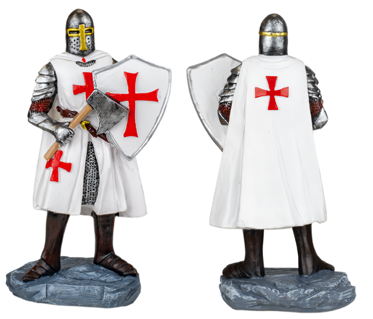 FIGURA RESINA CABALLERO TEMPLARIO HACHA-ESCUDO BLANCO 18 cm. COD: 39506