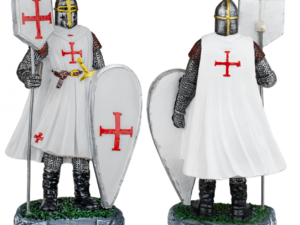 FIGURA RESINA CABALLERO TEMPLARIO BANDERA-ESCUDO BLANCO 18 cm.  COD: 39503