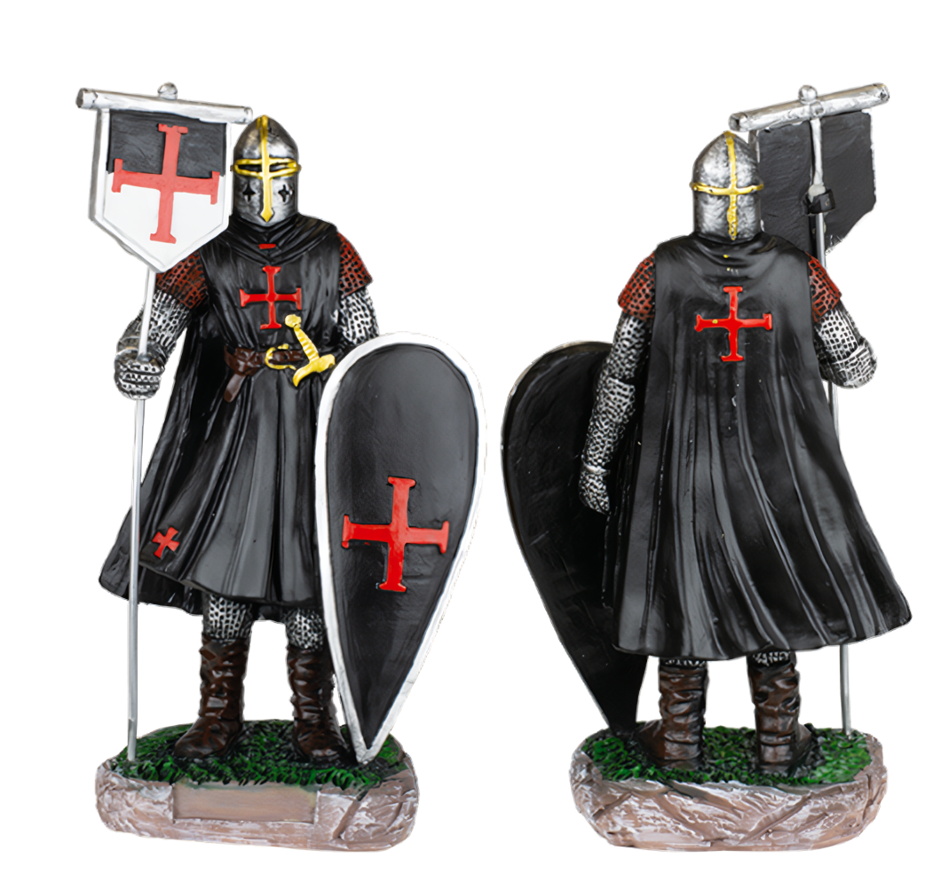 FIGURA RESINA CABALLERO TEMPLARIO BANDERA-ESCUDO NEGRO 12 cm. COD: 39523