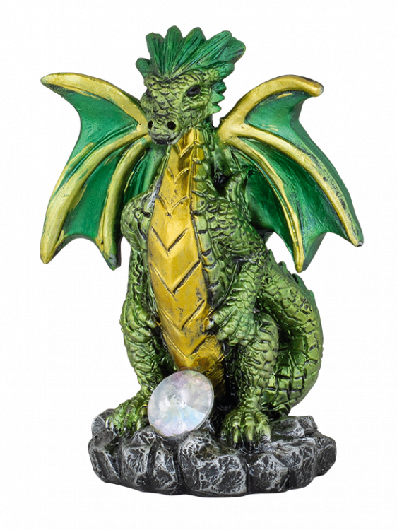 FIGURA DE RESINA DRAGON CON CRISTAL VERDE 8.5 cm. COD: 39602