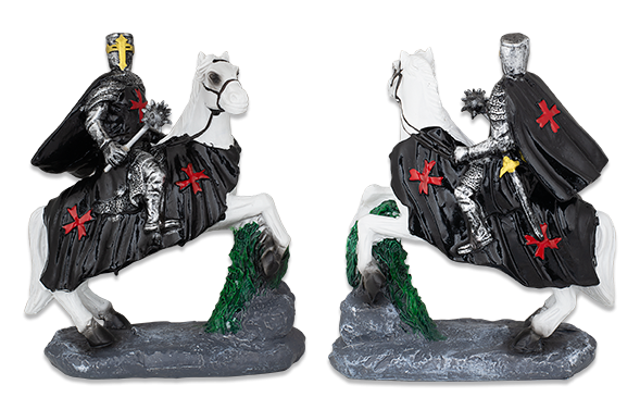 FIGURA RESINA CABALLERO TEMPLARIO A CABALLO BLANCO CON MAZA 20 cm. COD: 39581
