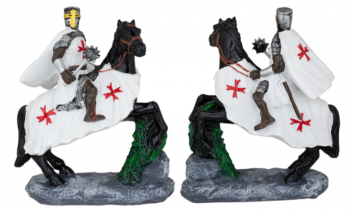 FIGURA RESINA CABALLERO TEMPLARIO A CABALLO NEGRO CON MAZA 20 cm. COD: 39582