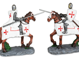 FIGURA RESINA CABALLERO TEMPLARIO A CABALLO MARRON 8 cm. COD: 39545