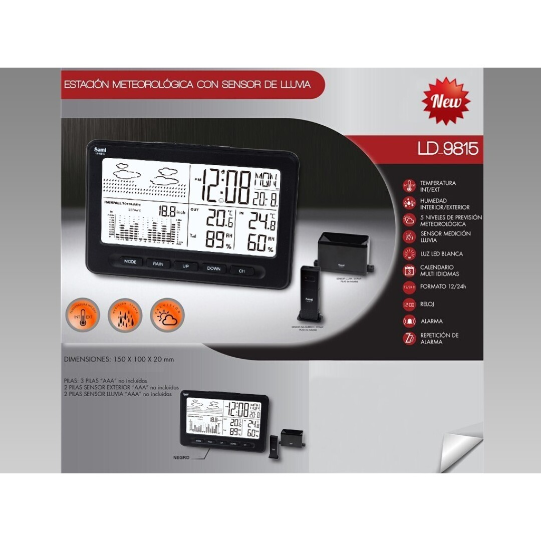 ESTACION TIEMPO INT/EXT/SENSOR LLUVIA NEGRA RELOJ. CD:42142