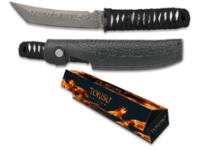 CUCHILLOS ESTILO JAPONÉS TOKISU ACERO DAMASCO CON FUNDA DE PIEL.  COD 32623