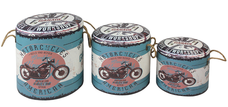 SET DE 3 TABURETES DE ALMACENAJE DISEÑO DE MOTO. COD: 29385 - Imagen 2