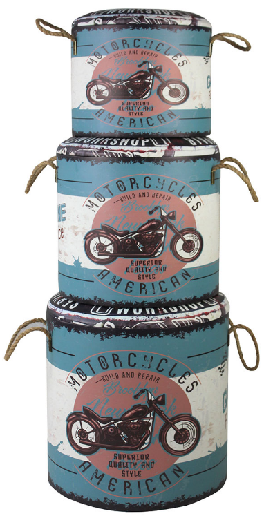 SET DE 3 TABURETES DE ALMACENAJE DISEÑO DE MOTO. COD: 29385