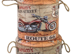 SET DE 3 TABURETES NARANJAS DE ALMACENAJE DISEÑO DE MOTO. COD: 29388