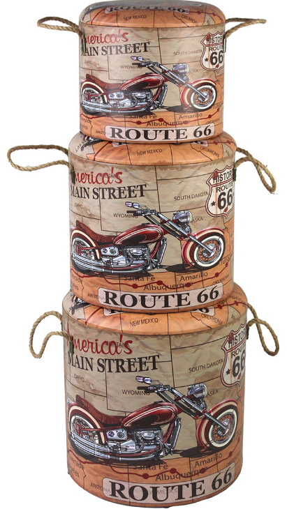 SET DE 3 TABURETES NARANJAS DE ALMACENAJE DISEÑO DE MOTO. COD: 29388