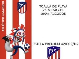 TOALLA DE PLAYA MODELO FUTBOL ATLETICO MADRID INDI. EN ALGODÓN. COLOR ROJO-BLANCO. TAMAÑO 75x150. COD: 5281703-AZN