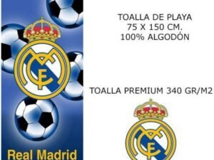 TOALLA DE PLAYA MODELO FUTBOL REAL MADRID BALONES. EN ALGODÓN 75x150. COD: 5281659-AZN