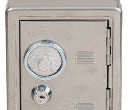 HUCHA CAJA FUERTE CROMADA COMBINACION Y LLAVE OB21. CD: 42217