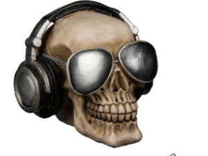 HUCHA RESINA CALAVERA C/AURICULARES Y GAFAS C/LLAV. CD: 42532