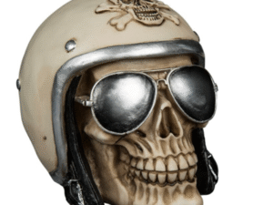 HUCHA RESINA CALAVERA C/CASCO Y GAFAS CON LLAVE OB. CD: 42531