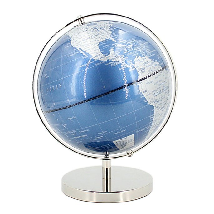 GLOBO TERRAQUEO EN PVC Y METAL. EN AZUL-PLATA. 20 CM. COD: 33654