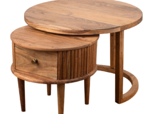 SET DE 2 MESITAS CIRCULARES DE INTERIORES DE MADERA CON CAJÓN. COD: 32569