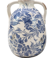 JARRÓN DE CERÁMICA DOS ASAS. GRANDE. MOD: FLORES AZULES. COD: 34928.